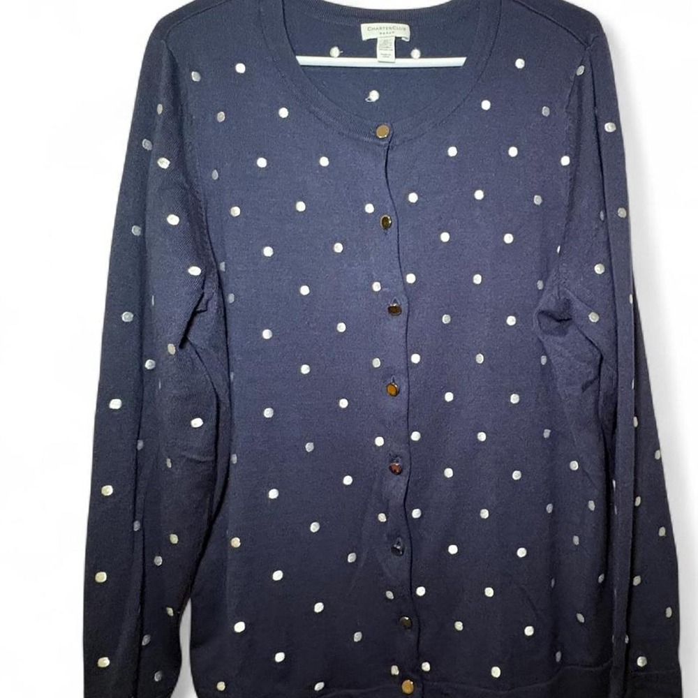Charter Club navy blue cardigan with white polka dots